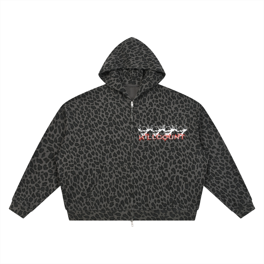 KILLCOUNT x antivillain inc. Leopard Print Waffle Full Zip Hoodie